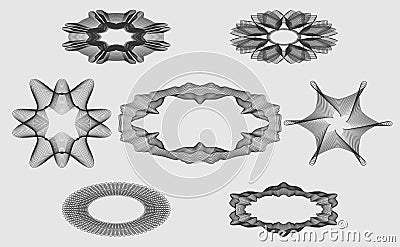 Set monochrome guilloche elements for design of protective signs diplomas, coupons or certificates, and so on. Vector Illustration