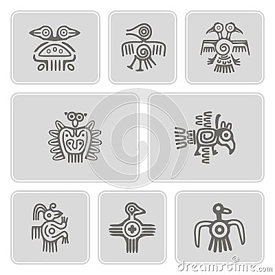 Set of monochrome icons with American Indians relics dingbats characters Vector Illustration