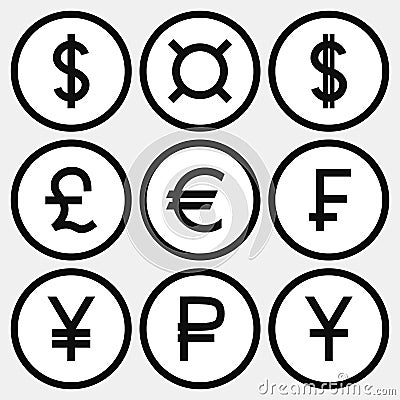 Set of monochrome icons with different currency symbols Vector Illustration