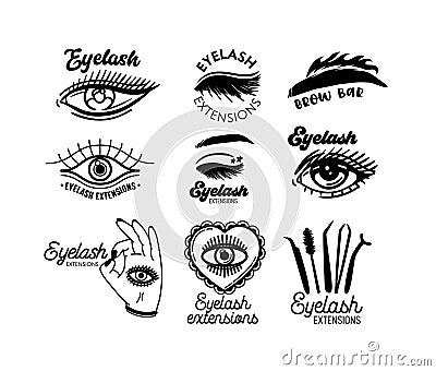 Set of Monochrome Icons for Eyelashes Extension, Eyebrow Bar Service. Black and White Eyes with Long Lashes Vector Illustration