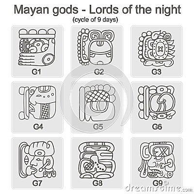 Set of monochrome icons with glyphs of the Maya Night Lord Vector Illustration