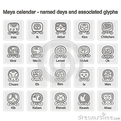 Set of monochrome icons with Maya calendar named days and associated glyphs Vector Illustration