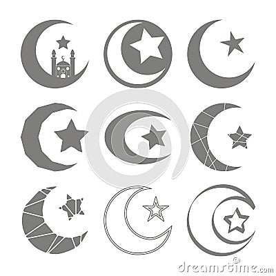 Set of monochrome icons with symbol of islam crescent moon with star Vector Illustration