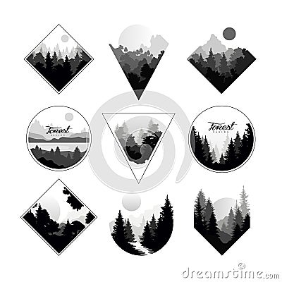 Set of monochrome landscapes in geometric shapes circle, triangle, rhombus. Natural sceneries with wild pine forests Vector Illustration