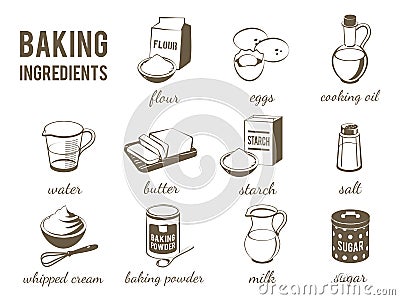 Set of monochrome, lineart food icons: baking ingredients. Vector Illustration