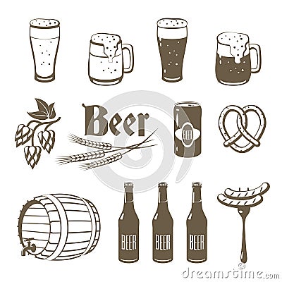 Set of monochrome, lineart food icons: beer. Vector Illustration