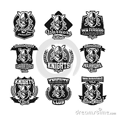 Set of monochrome logos, emblems, knight in helmet against the background of swords crosswise. Viking, barbarian Vector Illustration