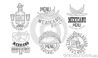 Set of monochrome logos related to Mexican cuisine. Hand drawn vector emblems with chili peppers, traditional snacks Vector Illustration
