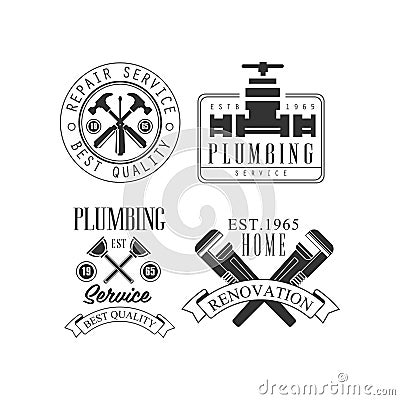 Set of monochrome logos for repairing companies with working tools and text. Vector emblems for plumbing and home Vector Illustration