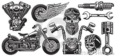 Set of monochrome motorcycle elements Vector Illustration