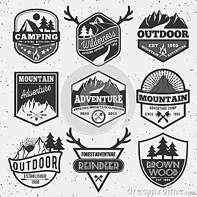 Set of monochrome outdoor camping adventure and mountain badge Vector Illustration