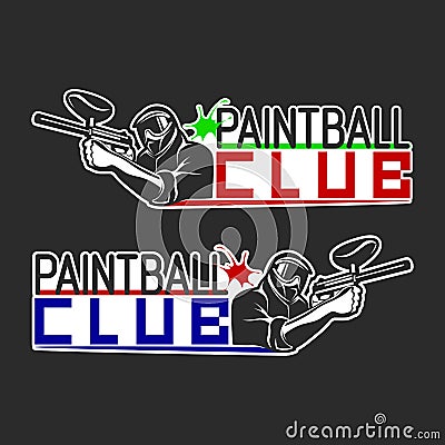 Set of monochrome paintball logos, emblems and icons. Indoor and outdoor paintball club elements. Shooting man with gun Vector Illustration