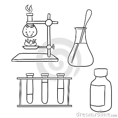 A set of monochrome pictures, a coloring book. Collection of chemical devices, a large burner on a stand Stock Photo