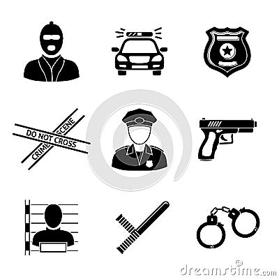 Set of monochrome police icons - gun, car, crime Vector Illustration