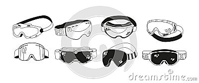 Set Of Monochrome Snow Goggles, Black And White Icons Of Sleek, Protective Eyewear Provide Clear Vision, Shield Vector Illustration