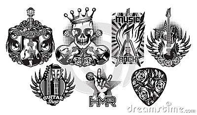 Set of monochrome vector pattern on the theme of rock music, rock and roll Vector Illustration