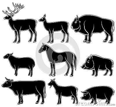 Set of monochrome wild and domestic animals Vector Illustration