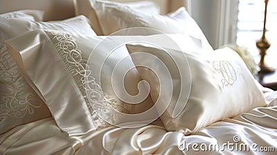 A set of monogrammed pillowcases resting on top of matching silk pillow shams giving a personal touch to the luxurious Stock Photo