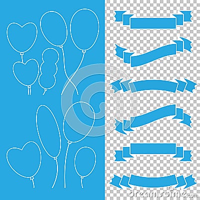 A set of monophonic tapes of banners and balloons. With space for text. A simple flat vector illustration isolated on a transparen Vector Illustration