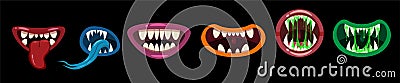 Set Monsters mouths creepy and scary. Funny jaws teeths tongue creatures expression monster horror saliva slime. Vector Vector Illustration