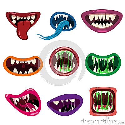 Set Monsters mouths creepy and scary. Funny jaws teeths tongue creatures expression monster horror saliva slime. Vector Vector Illustration