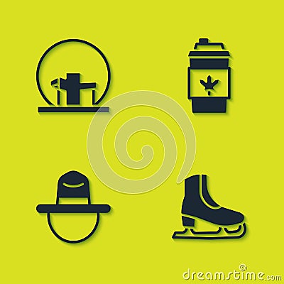 Set Montreal Biosphere, Skates, Canadian ranger hat and Coffee cup to go icon. Vector Stock Photo