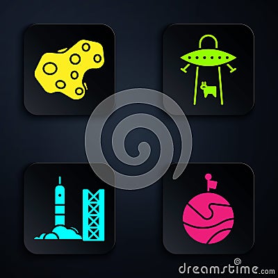 Set Moon with flag, Asteroid, Rocket launch from the spaceport and UFO abducts cow. Black square button. Vector Vector Illustration