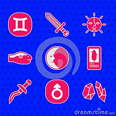 Set Moon, Mars, Magic stone, Tarot cards, Dagger, Snake, Sun and Gemini zodiac icon. Vector Vector Illustration