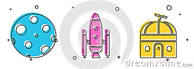 Set Moon, Space shuttle and rockets and Astronomical observatory icon. Vector Vector Illustration