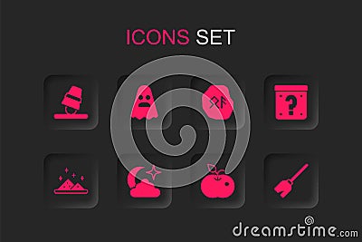 Set Moon and stars, Ghost, Game thimbles, Poison apple, Mystery box, Witches broom, Magic runes and powder icon. Vector Vector Illustration