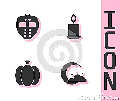 Set Moon and stars, Hockey mask, Pumpkin and Burning candle icon. Vector Stock Photo