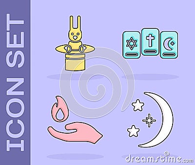 Set Moon and stars, Magician hat and rabbit, Hand holding a fire and Three tarot cards icon. Vector Vector Illustration