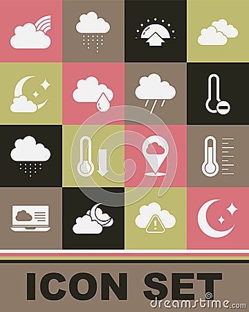 Set Moon and stars, Meteorology thermometer, Sunrise, Cloud with rain, moon, Rainbow clouds and icon. Vector Vector Illustration