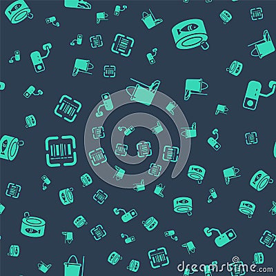 Set Mop and bucket, Canned fish, Scanner scanning bar code and Security camera on seamless pattern. Vector Vector Illustration
