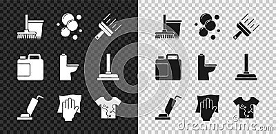 Set Mop and bucket, Soap water bubbles, Rubber cleaner for windows, Vacuum, Cleaning service, Dirty t-shirt, Bottle Vector Illustration