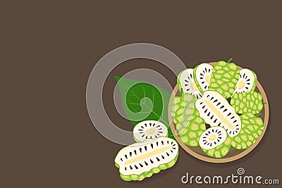 Set of morinda citrifolia, noni fruit, superfood on brown background in bowl. Organic healthy food. Vector cartoon Vector Illustration