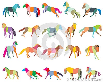 Set of mosaic colorful horses-3 Vector Illustration