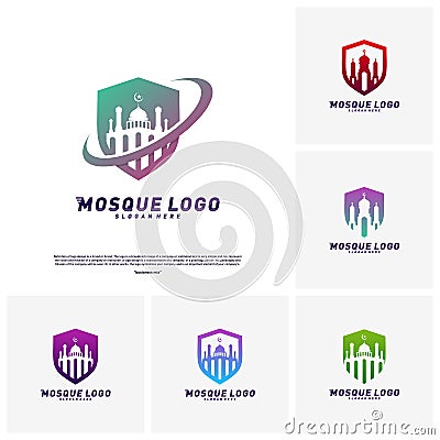 Set of Mosque with Shield logo design concept.Religion Islamic logo template vector. Icon symbol Vector Illustration