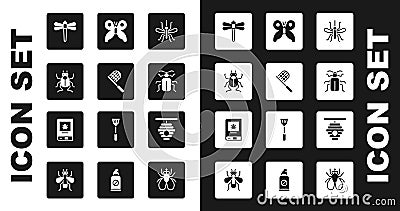 Set Mosquito, Butterfly net, Beetle bug, Dragonfly, Chafer beetle, Hive for bees and Book about insect icon. Vector Vector Illustration