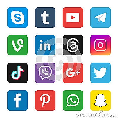 Set of the most popular social media icons: Twitter, LinkedIn, Youtube, Pinterest, Instagram, Facebook, Skype Vector Illustration