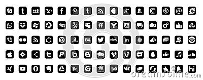 Set of most popular social media logos icons black Instagram Facebook Twitter Youtube WhatsApp LinkedIn Pinterest Blogd on white Cartoon Illustration