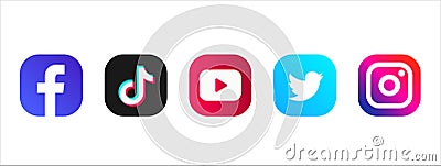 Set of most popular social media logos white background : Facebook, Instagram, Twitter, TikTok Vector Illustration