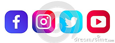 Set of most popular social media logos white background : Facebook, Instagram, Twitter, YOuTube, Telegram Vector Illustration