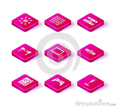 Set Motherboard, Gamepad, Air headphones, Laptop, Syringe, Smartwatch, Motion sensor and Binary code icon. Vector Vector Illustration