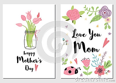 Set Mothers day cards love you mom printable design Decorative pink flowers Vecor Cartoon Illustration