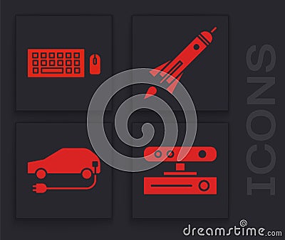 Set Motion sensor, Keyboard and mouse, Rocket ship with fire and Electric car icon. Vector Vector Illustration