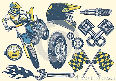 Set of motocross objects in retro hand drawing style Vector Illustration