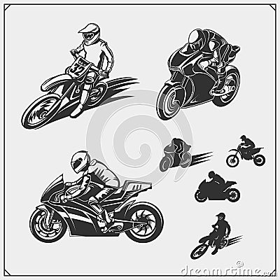 Set of motor sport silhouettes, labels and emblems. Motocross jumping riders, moto trial, moto freestyle and motor racing. Vector Illustration