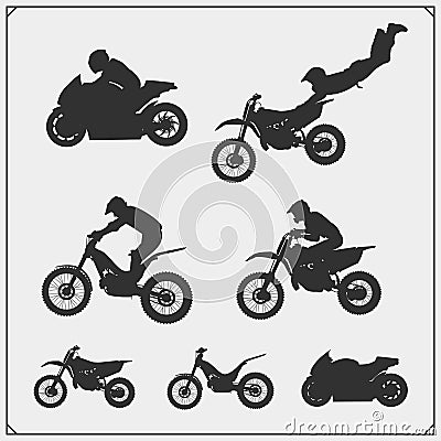 Set of motor sport silhouettes, labels and emblems. Motocross jumping riders, moto trial, moto freestyle and motor racing. Vector Illustration