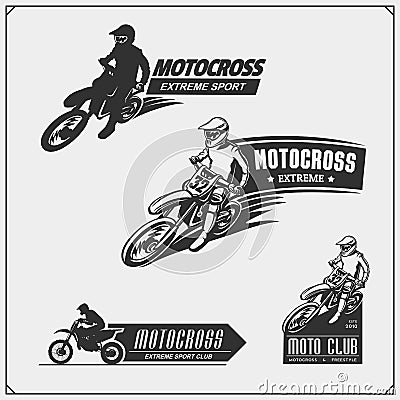 Set of motor sport silhouettes, labels and emblems. Motocross riders. Vector Illustration